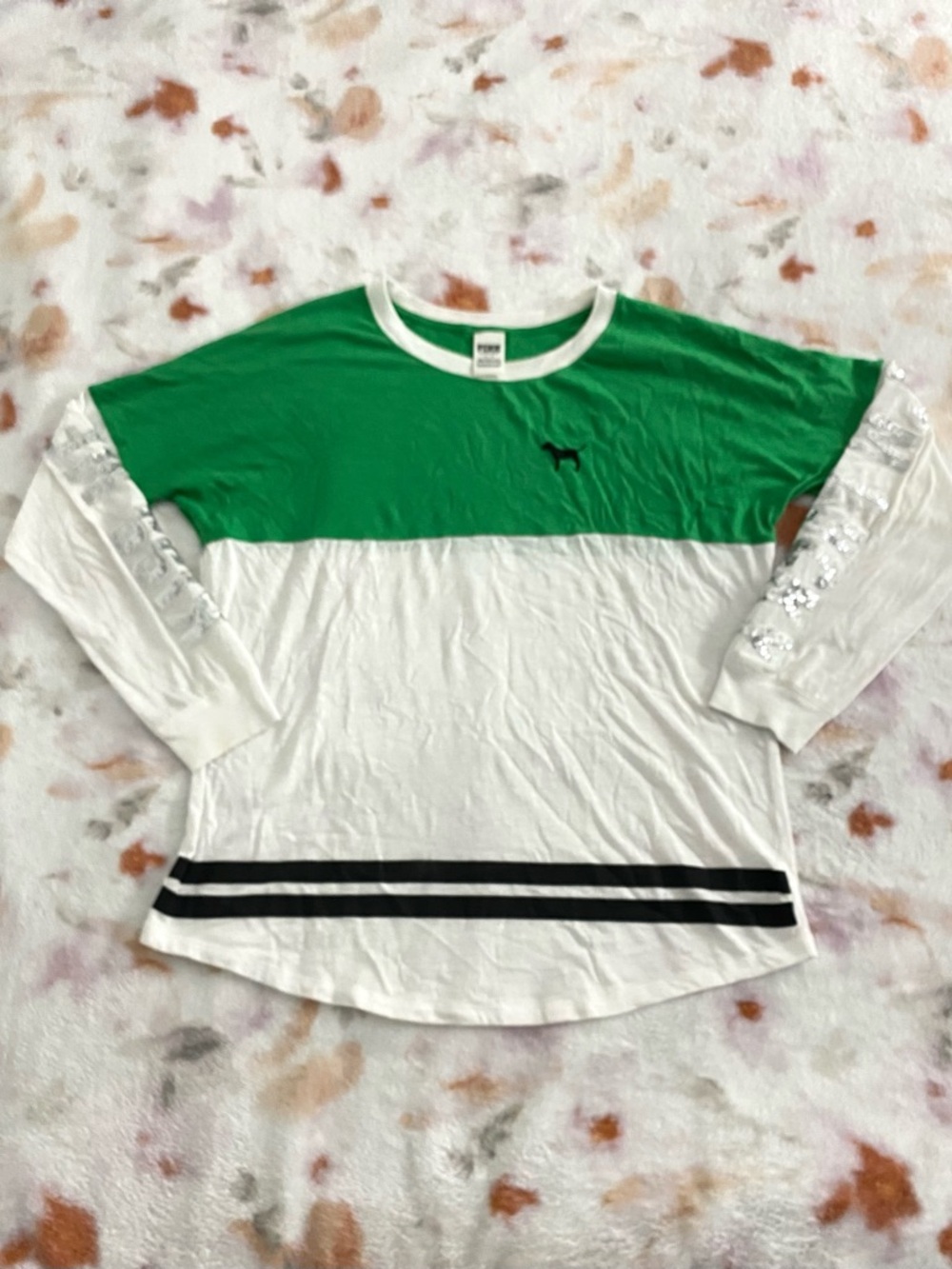 Green & White Colorblock Long Sleeve Top with Black Stripes and sequins on arms